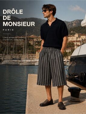 Drôle de Monsieur Long Bermuda Shorts – Charcoal Pinstripe
